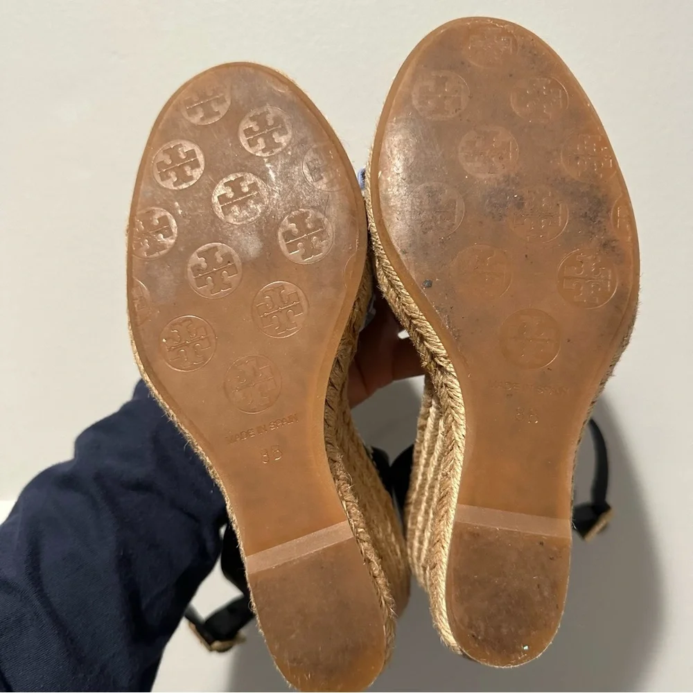 Tory Burch Navy Espadrille Wedge Ankle Strap All Over Logo Print Size 8 B